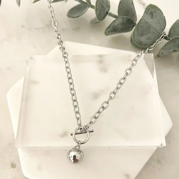 925 Sterling Silver Chunky Toggle Ball Necklace Minimalist Ball Necklace - Picture 2 of 4
